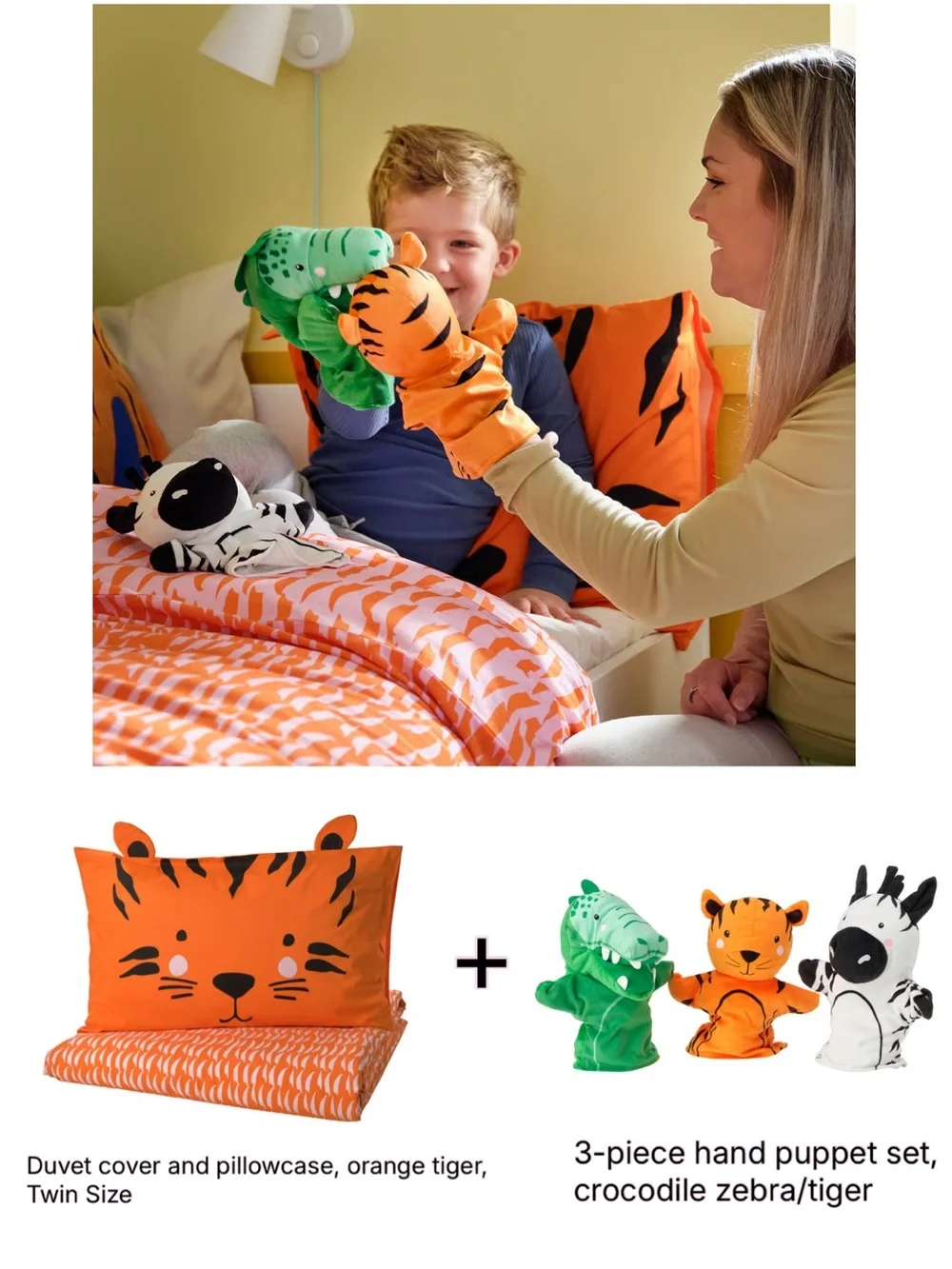 Orange Tiger Duvet Cover Set & Tiger Cushion or 3 Hand Puppets